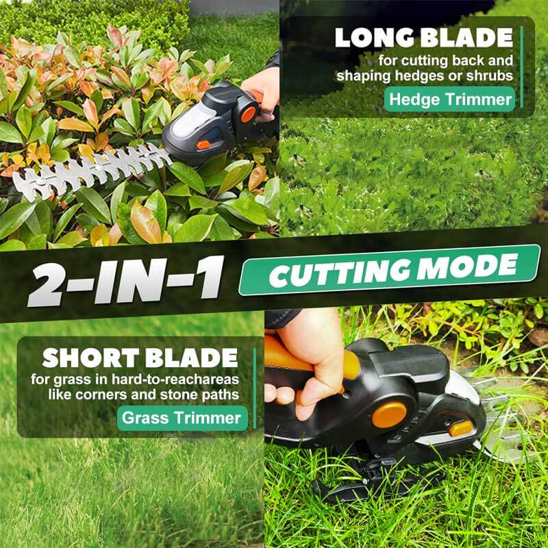 The grass shear blade is ideal for cutting grass, weeds, and small lawn areas. The longer shrub blade is perfect for thin shoots on hedges, bushes, small trees, and ornamental plants.