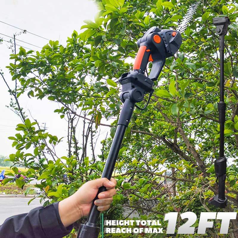 Telescoping pole extends from 3.3 ft to 6 ft up to 12 ft in height. Meet your need to prune high branches helps you to adjust the trimming distance at any time. Make tough jobs safer!