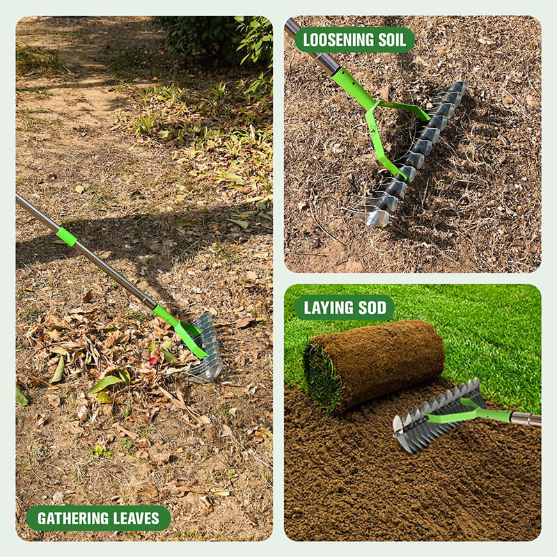Loosening soil, laying sod, gathering leaves, loosening soil, laying sod gathering leaves.