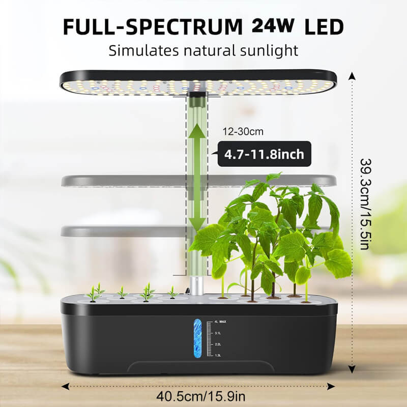 The height of the light pole can be adjusted according to the different growth stages of the plants, adjust 9.4in-15.5in(23.88-39.37cm). From seedling to harvest, this smart design supports healthy, robust growth without limitations, ensuring they always receive optimal lighting.