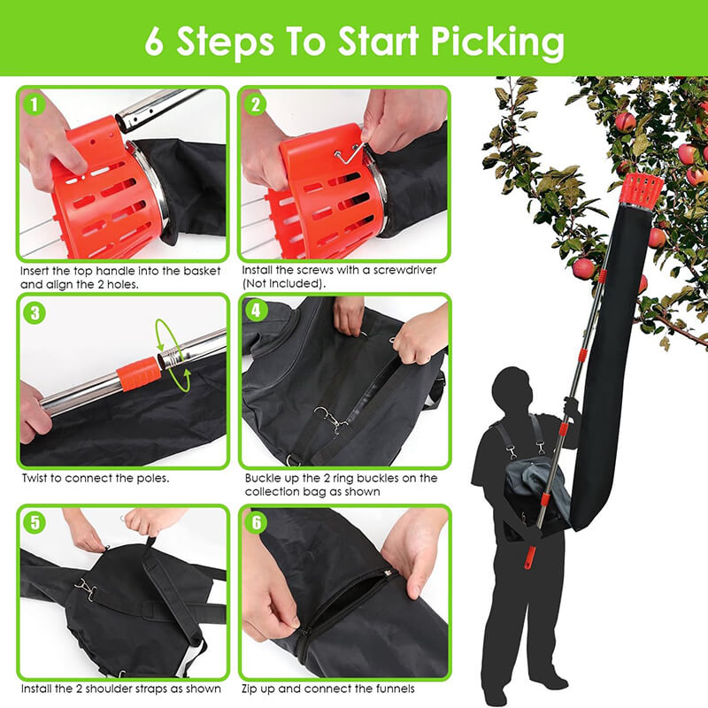 The fruit picking tool comes with 4 funnels with zipper connection available and a 7.9-gallon collection bag. The fruits can roll down from the funnel to the collection bag, minimizing bruising and keeping fruits in great condition, making picking quick and safe. Equipped with 2 straps, you can carry it on your back to collect more fruits at one time.
