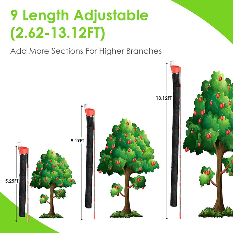 Features 10 extension rods, each 16.1 inches long, has 9 adjustable lengths, ranging from 2.62ft-13.12ft(0.8m-4m). This allows you to reach fruits at different heights easily, whether they are on low-hanging branches or high-up in the tree.