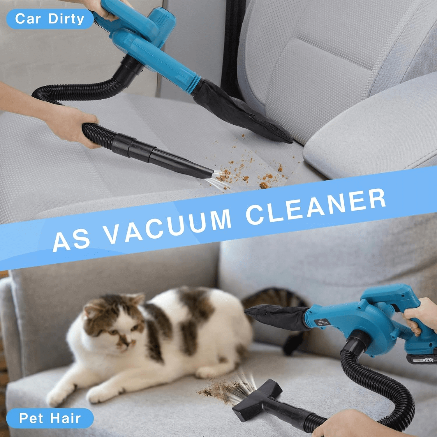 When you install the blow tube in the air inlet, put the reusable collection bag at the air outlet, the blower will become a vacuum cleaner immediately. Super strong suction allows you to absorb computer dust, pet hair, crumbled cookies, hard to clean corner and so on.