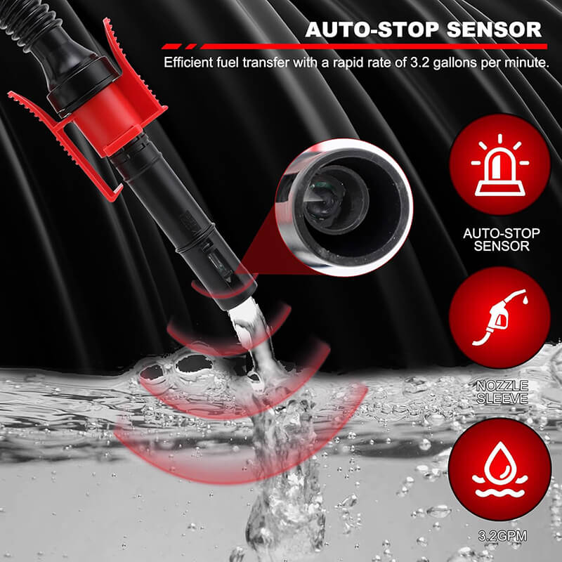 The pump automatically stops upon reaching the sensor inlet, ensuring accurate fuel transfer and preventing fuel leak. With the stainless steel explosion-proof motor with good corrosion resistance and strength. The overload protection prevents from burning the machine, extends the life of the product.