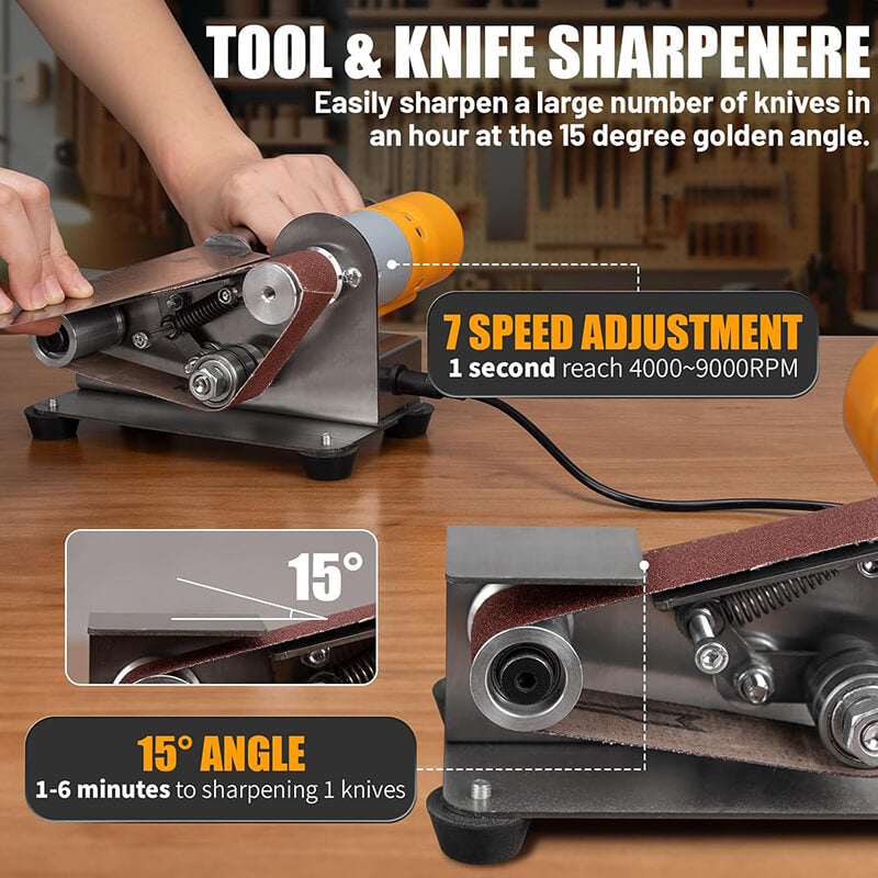 7 speed adjust, from low speed fine polishing to high speed rapid sanding, precise control for specific needs. The 15-degree tilt ensures optimal sharpening angles and precision grinding, easily sharpen numerous knives in an hour.