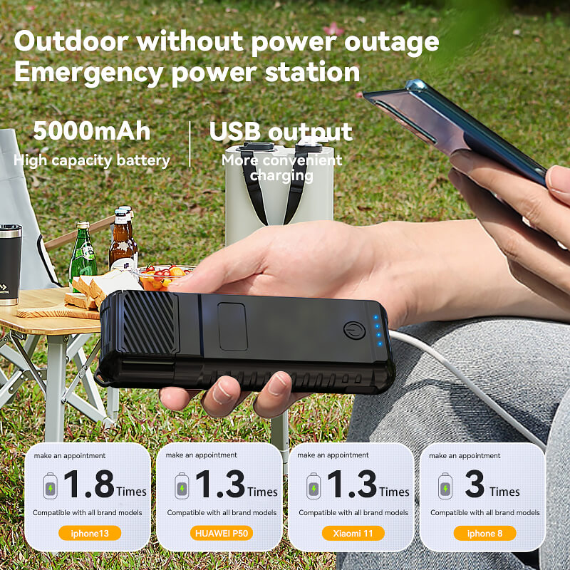 Built-in 5000mAh battery, can be used as a power bank to charge your phone or fans and other USB tools, allows you to charge your mobile devices on the go, ensuring you stay connected and powered up even in remote outdoor locations.