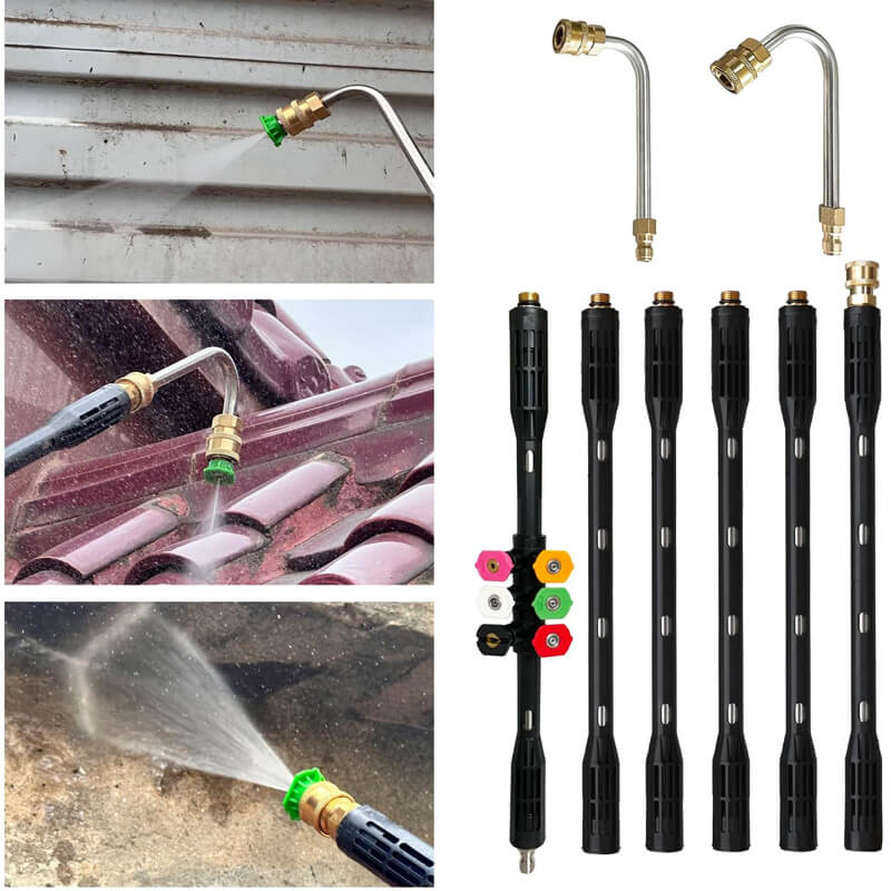 Comes with a 30° U-shaped attachment rod, a 90° curved attachment rod and, suitable for all pressure washers with 1/4" quick connector, or the nozzle tip can be connected directly to the pressure washer gun.