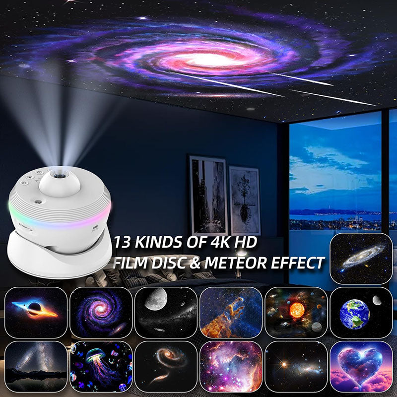 Comes with 13 replaceable film discs: Solar System, Earth, Moon, The Milky Way, Marine Organism, Andromeda Galaxy, NGC7250-TYC 3203-450-1, Black Hole, UGC 1810, Valentine’s Day, Pillars of Creation, The Andromeda-Milky Way, and Small Magellanic Cloud. Each mode brings unique, amazing ambiance, and can rotate at an adjustable speed of 360 degrees, set one circle in 8/13 seconds.