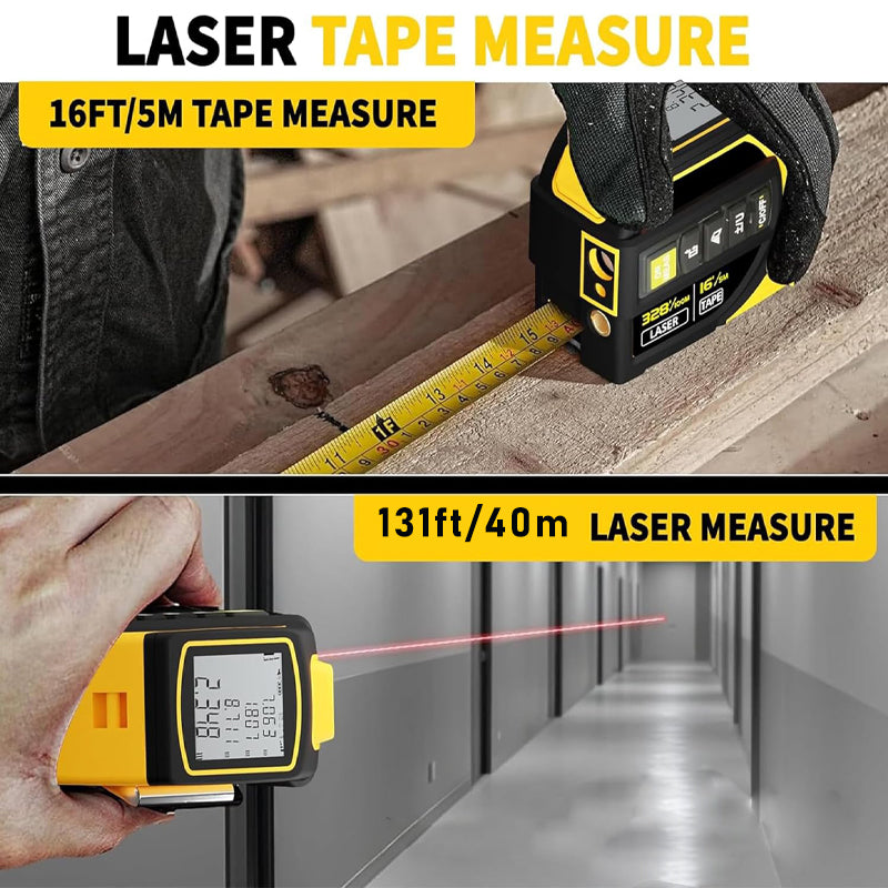 The maximum measuring distance of the tape measure is 5 m (16.5 ft), and the max measuring distance of the laser is 40 m (131ft). Ultra-high precision millimeter accuracy, with a 0.2-second response to display on a clear LCD screen.