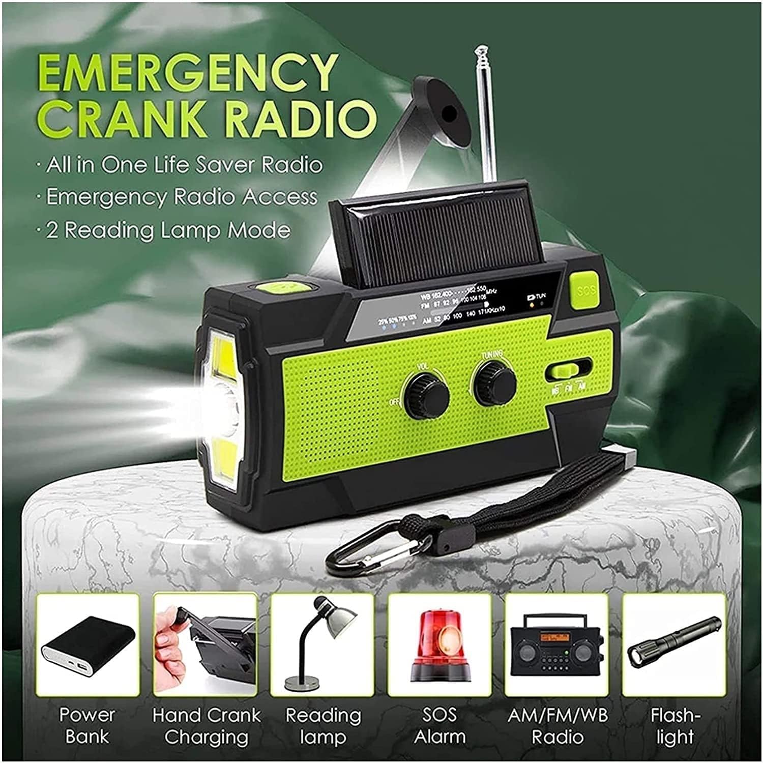 Do you encounter power outages at home, and worried the danger from bad weather?Our emergency radio collects 5 functions in 1, radio+SOS alarm+lighting+flashlight+charger, this portable device ensures you stay informed and connected before any crisis. You will not catch off guard during emergencies with it! It is your lifeline to safety, information, and peace of mind outdoor/indoor!