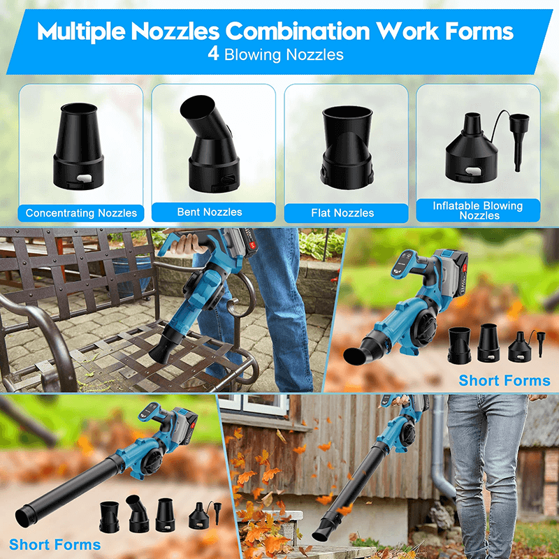 Concentrating Nozzle: Stairs, yards, car cleaning.Bent Nozzle: Suitable for eaves, lawns, crevices.Flat Nozzle: Clean patios, roads, workbenches.Inflatable Blowing Nozzle: Window, sill gaps, inflatable, beds, seams.