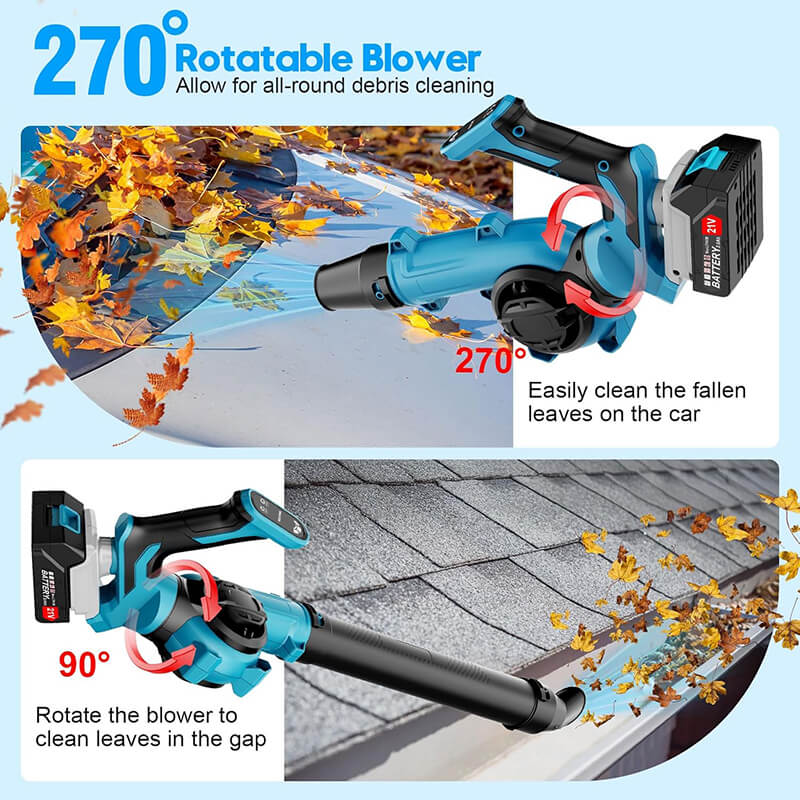 This portable handheld leaf blower can be rotated 270 degrees, so you don't have to change the working position and bend your body so much, which is suitable for removing dust on the ground or at high altitude and clean gutters, window sills, stairs, cracks and for lawn care and more.