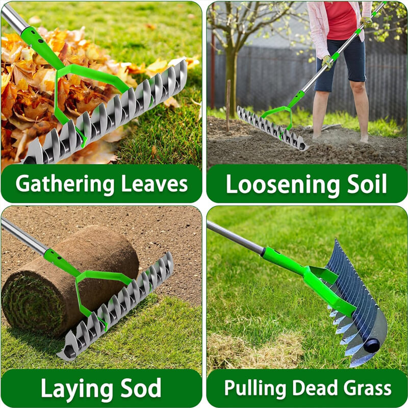 You can use this rake to turn the soil, break up clods, and spread topsoil, compost, sand, or gravel. Perfect for dethatching zoysia, bermuda, and fescue lawns. Use this versatile thatch rake to aerate soil, spread mulch, or level ground – essential for maintaining lush, green turf all year round.