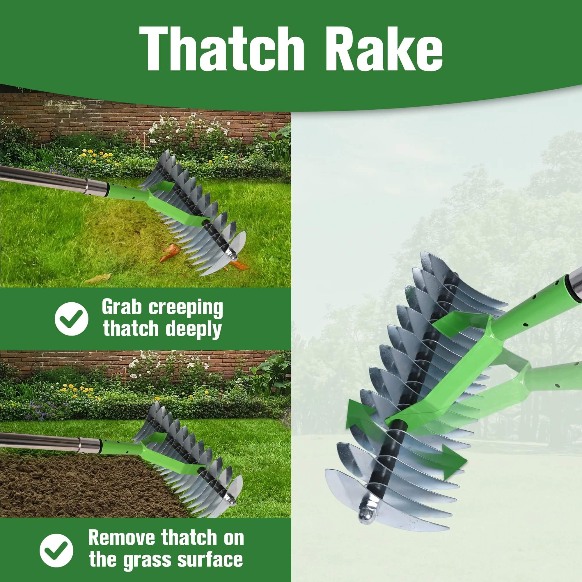 One side is 11 teeth rake head, not only remove dead grass and other debris but also loosen the soil, provide a better growth environment for grassroots. The other side is 21 teeth rake head, which is convenient for removing the fine chips and stone, improving the efficiency of reed removal. And wide rake (35cm/13.78in) for quick cleaning.