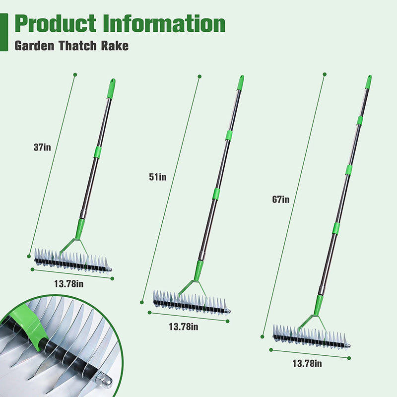 Featuring a detachable handle, you can install to extend from 93cm to 170cm(37-67in), adapts most height user and task. And wide rake (35cm/13.78in) for quick cleaning. Whether tackling small spots or large areas, rake comfortably without bending, relieves back pressure.
