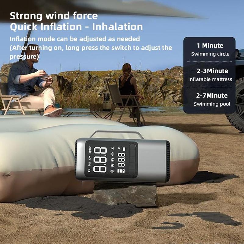 This jump starter with air compressor can inflate various items, including balloons, swim rings, air mattresses, and even serve as a dust blower, flow rate up to 350L/minute. When used for deflation, it can compress vacuum storage bags or deflate items like air mattresses and kayaks. Inflate and deflate more quickly and save triple space.