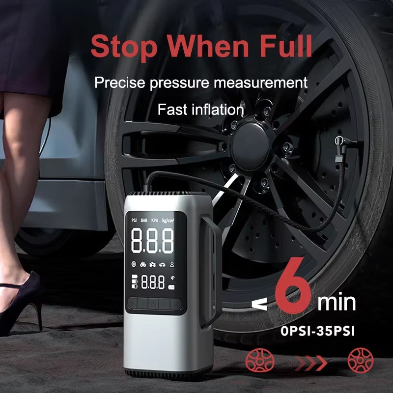 Only takes several minutes to inflate a car tire, precise pressure measuring and auto stop when full, avoid over-inflation, preset 4 inflation mode to offer fast and safe inflation for the car/motorcycle/bike tires and inflatable items. Support 3 optional unit (PSI/KAR/BAR) switching.