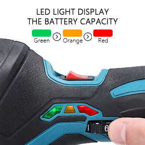Three colors of lights indicate the power level. The green light indicates fully charged and can be used. The yellow light indicates the battery is half used. The red one indicates needs to be charged.