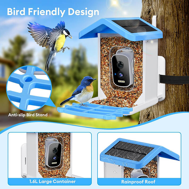 With a generous 1.6L capacity, this bird feeder holds ample food, reducing the need for constant refills. The IP65 waterproof, suitable for snowy and rainy and various bad weather combined with a drainage hole design, ensures a secure and dependable shelter for birds.