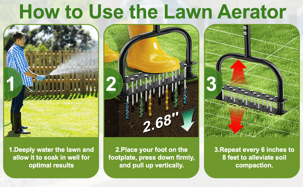 Just step on the spring and it will pop out automatically. If the soil of the lawn is too dry, you can water it before starting to loosen the soil. If it is too wet, you need to wait for a while until the soil reaches a medium humidity. The soil that is neither dry nor wet will be easier to pierce and allow the lawn to achieve the best effect of nutrient absorption.