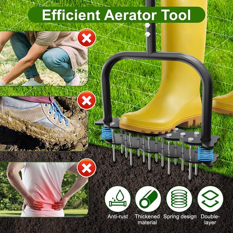 Say goodbye to unstable, slippery and easily damaged aerator shoes and bulky remove soil manually needed single layer lawn aerator, spring pop-up automatically, effortlessly clean off soil and the leaf debris from the bottom during use, enjoy a more comfortable lawn maintenance experience.