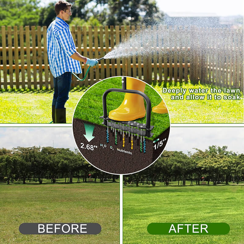 The Lawn Aerator works by penetrating the soil with spikes, allowing air, water, and nutrients to reach the roots of the grass more efficiently. This reduces soil compaction and promotes strong and better growth of your lawn, revitalize your lawn and garden!