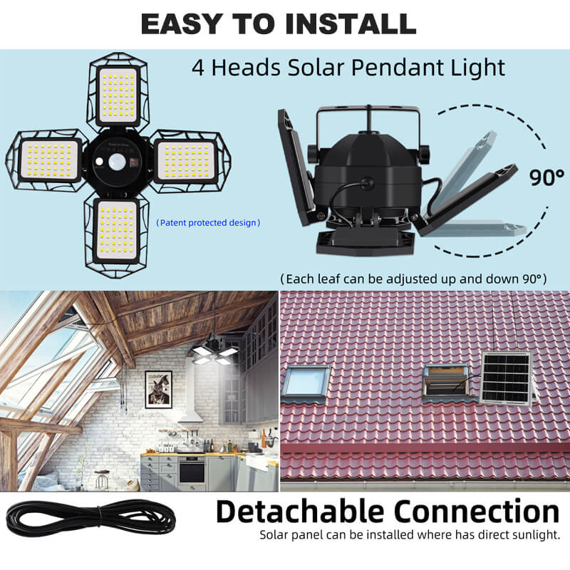 Solar pendant light not only has sleek, modern design, but also with 4-head can be rotated 90°. The 16.4ft/5m cable is enough for you to place the solar garage lights in direct sunlight, which provides flexibility and convenience when it comes to installation and placement.