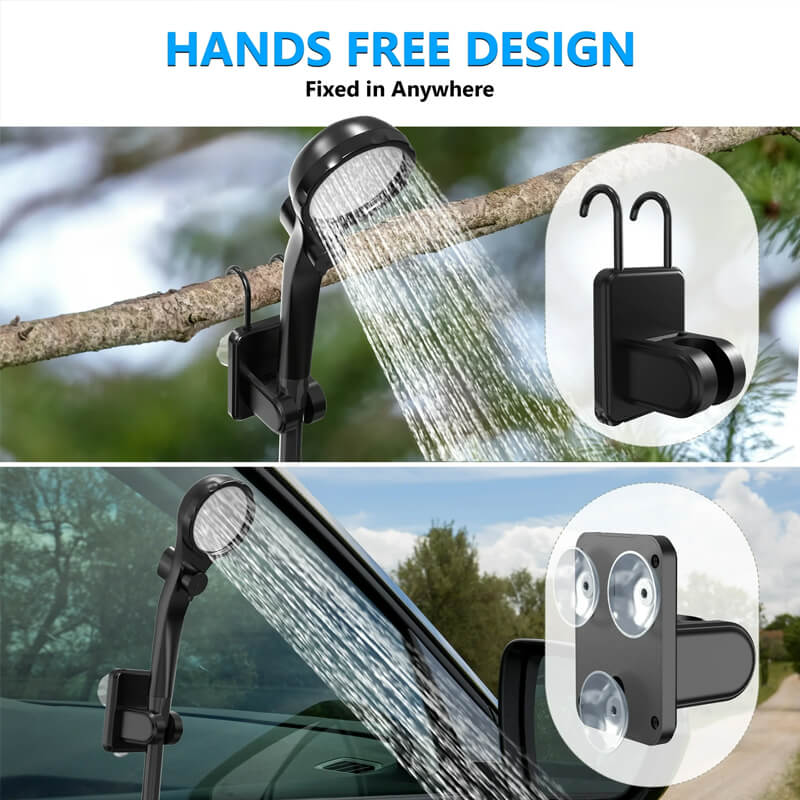 360° rotated knob stepless control water flow, offers gentle and comfortable stream at up to 3 gal/min (12 L/min). Comes with extra washing nozzle for car washing. The hooks and 3 suction cups set for easy hanging.