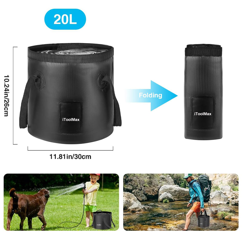 For a quick shower or washing. Can be placed firmly when filled with water. Collapsible design for efficient storage. When you are ready to then enjoy your camping shower, simply fill the collapsible bucket with freshwater, lower the camping shower pump into the collapsible bucket.