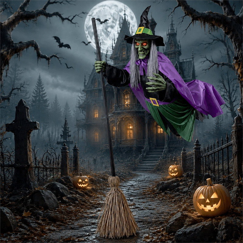 itoolmax 11.5ft flying witch on broom halloween decor create a spooky atmosphere