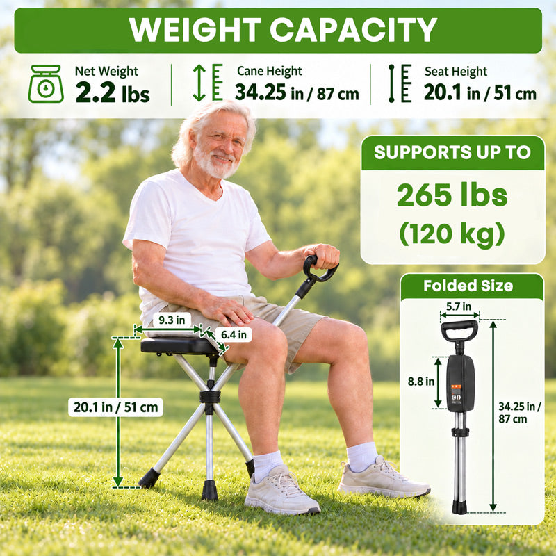 itoolmax 2 in 1 folding walking stick with seat lightweight