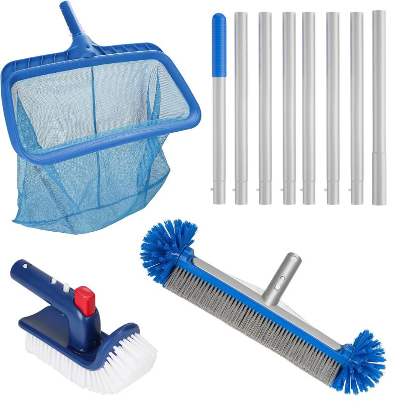 4-in-1 Pool Cleaning Kit with Brush, Leaf Skimmer Net & Pole – Pool Maintenance Tool Set for Above Ground & In-Ground Pools
