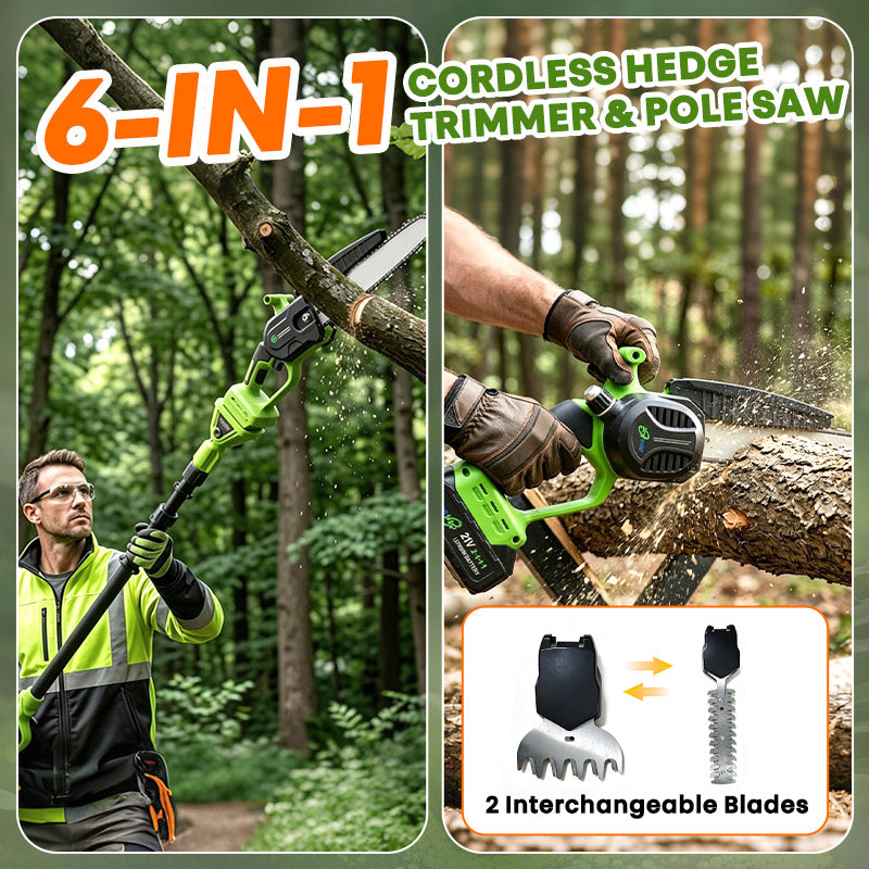 itoolmax 6 in 1 cordless hedge trimmer pole saw 2 interchanging blades