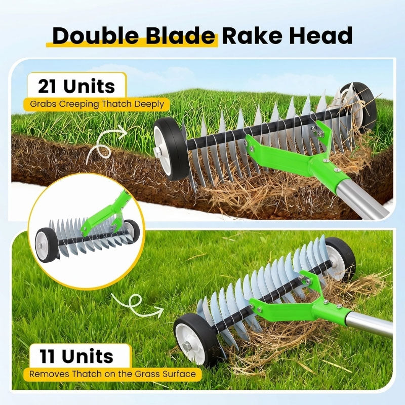 itoolmax adjustable thatch rake with wheels double blade rake