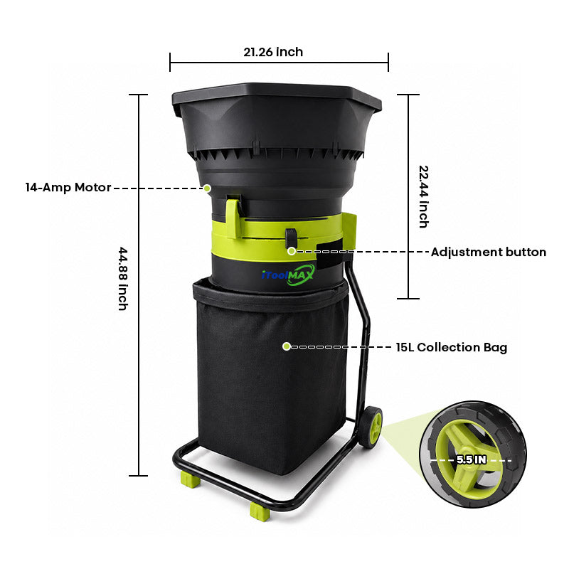 itoolmax electric leaf mulcher with wheels size chart