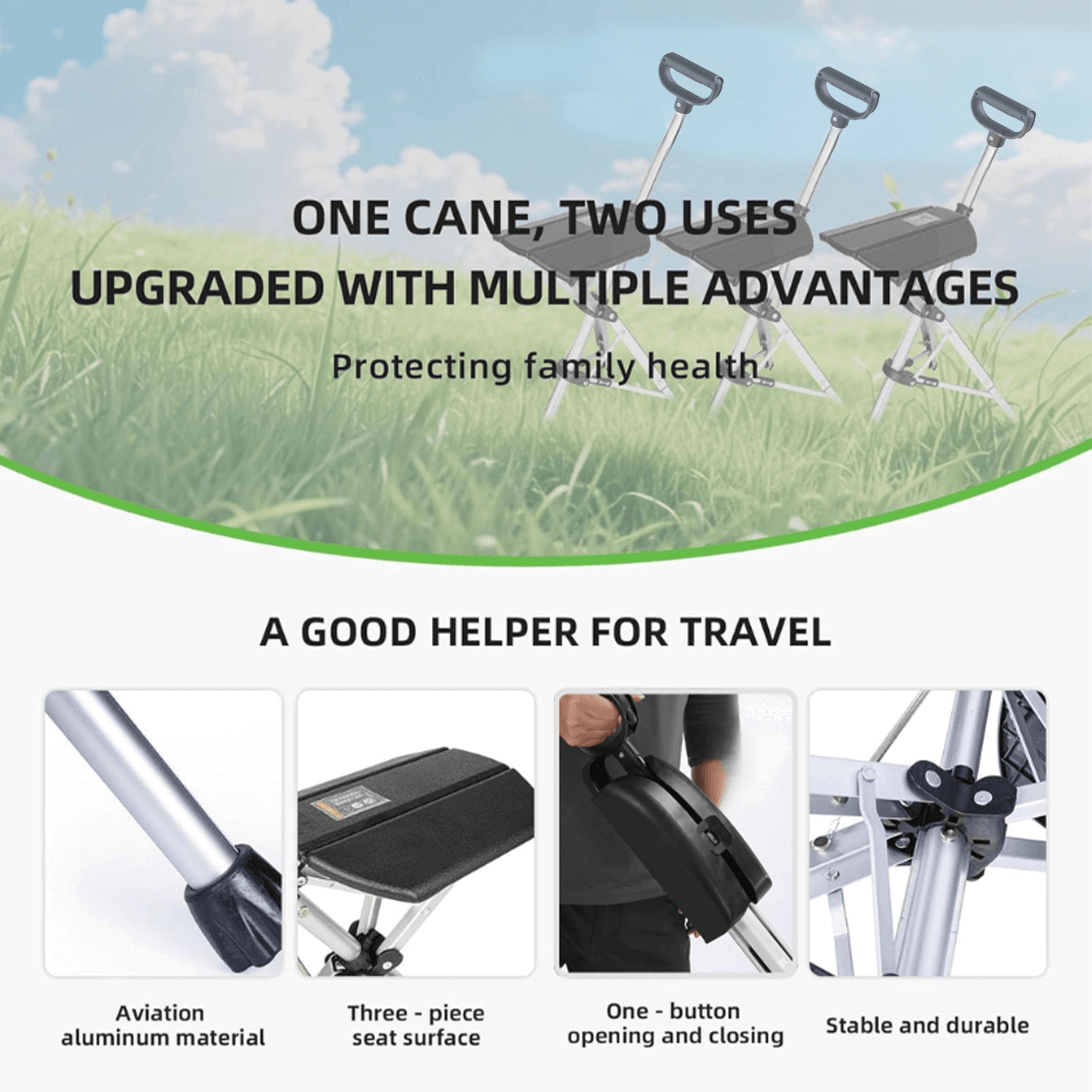 itoolmax folding walking stick with seat multi use