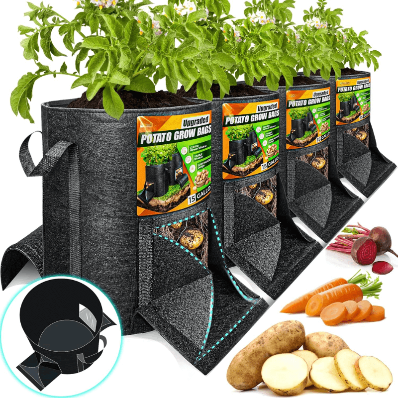 grow bags for indoor plants 15-Gallon Grow Bags with Dual Harvest Windows(4 PCS)– Breathable Fabric Planting Bags with Handles for Potatoes, Vegetables & Garden Container Growing