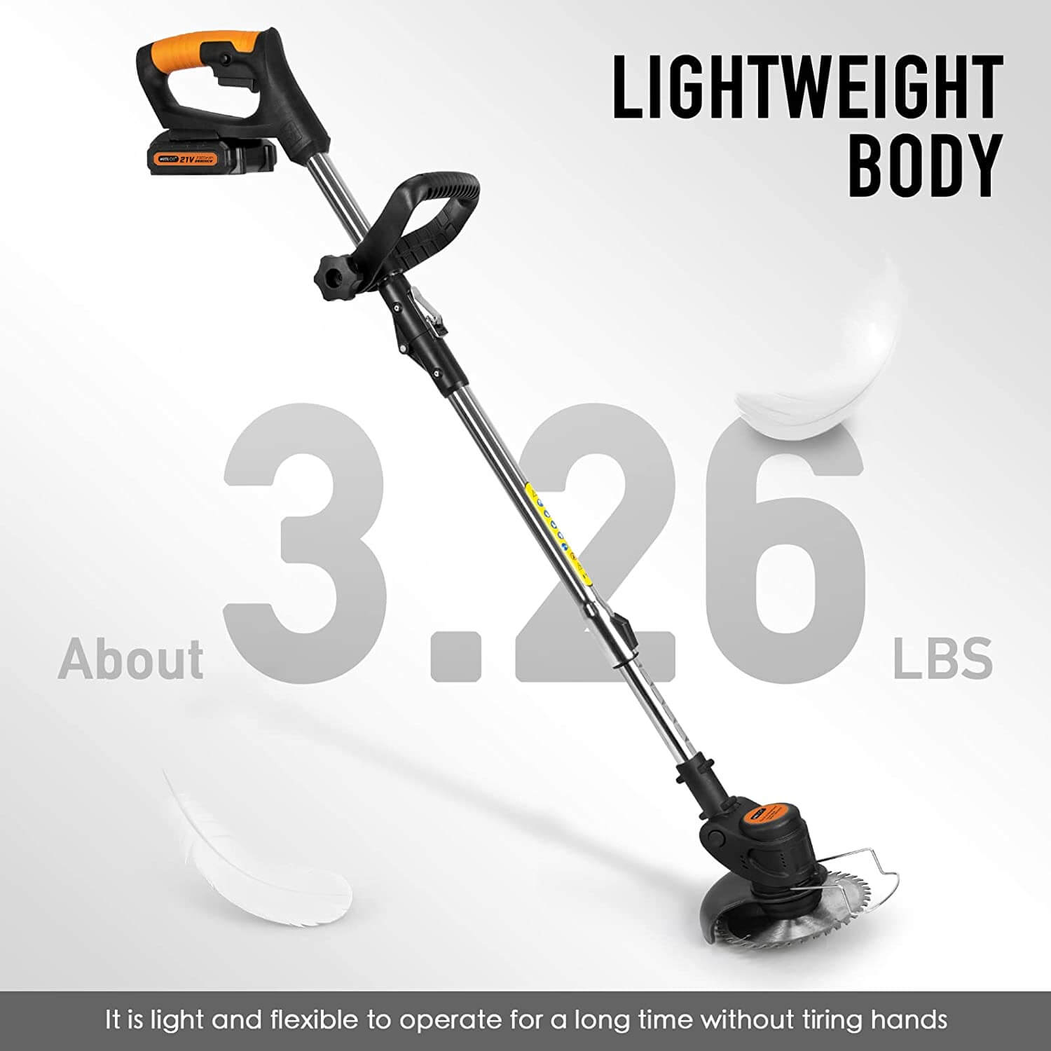 The weight of the entire package is 6.6lbs (3.6kg), and the weight of the grass trimmer is 3.26lbs (1.48kg), which is very suitable for gardeners with hand pain, waist pain, and pursuit of light portability