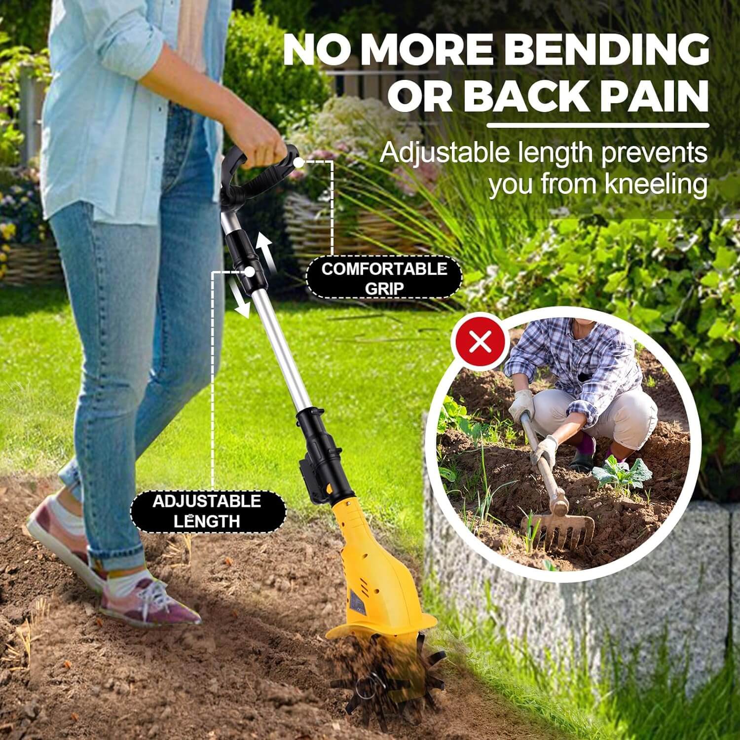 Tilling the soil is extremely beneficial, it helps distribute nutrients, gets air into the soil, evenly distributes compost, but it is a painstaking process, and ou electric garden cultivator solves your problem with ease!The electric tiller uses 6 long steel blades to make tilling tasks quick and easy! At the same time, the adjustable length allows everyone to easily use it at the perfect standing length, making gardening a breeze for gardening enthusiasts of all ages!