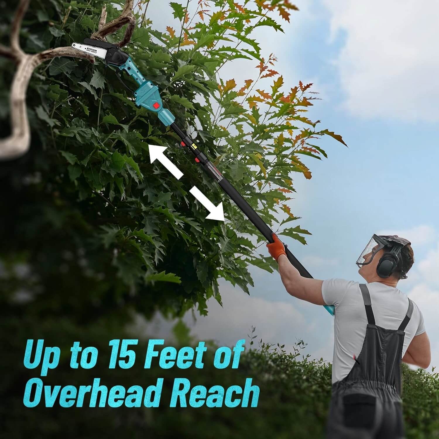 Based on extensive research on battery chain saws, iToolMax has undergone numerous updates. Our long handle saw has a 4-section extension pole, allowing you to extend it to 4.6~9 feet for pruning tall branches, Bed backs/borders and generally hard-to-reach areas, and with the adult height (6 feet) you can reach up to 15 feet, making trimming tasks an easy task.
