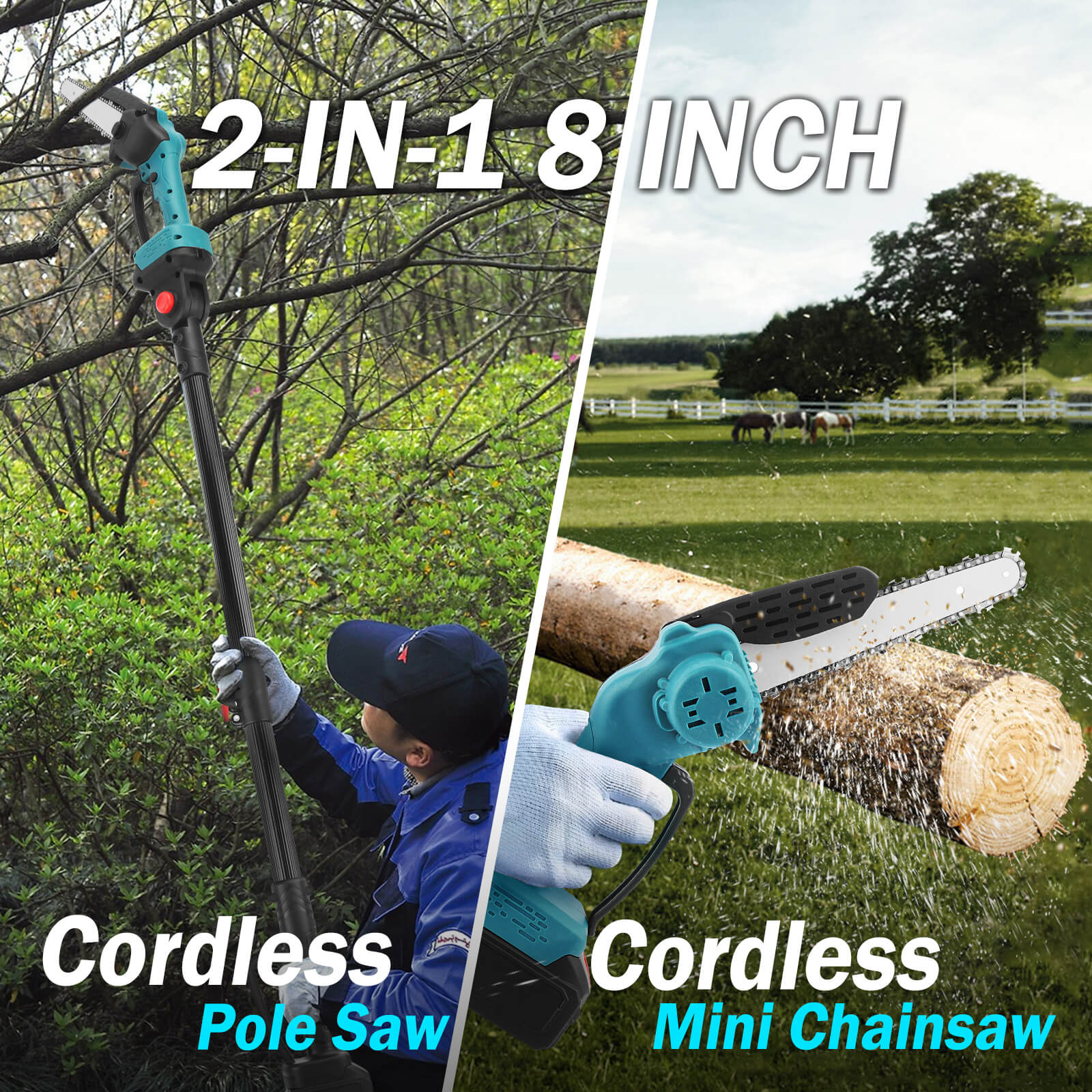 Compared to traditional chainsaws, the iToolMax 2 in 1 Chainsaw & Pruning Shears with Pole Saw with adjustable length pole handles high branches and wood cutting without dangerous ladder climbing or traditional hand tools, making it safer and easier to operate. Using a brushless electric motor creates zero emissions and is quieter than a gas-powered chain saw.Whether you are a gardening enthusiast or a professional, this pole saw is your reliable helper.