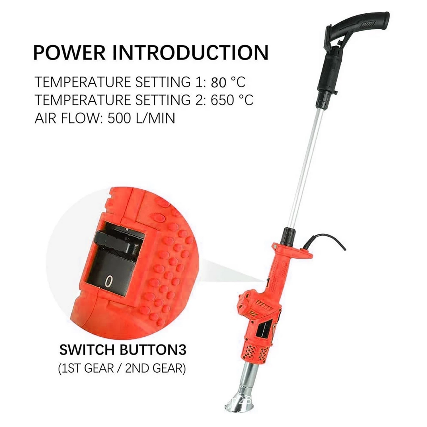 The electric weed burner combines ultra-high 2000W performance, allowing temperatures up to 1202℉/650℃ and rapid weed removal. Equipped with 78.8in/2m cord. An adapter or socket extension lead can be used to extend larger areas.