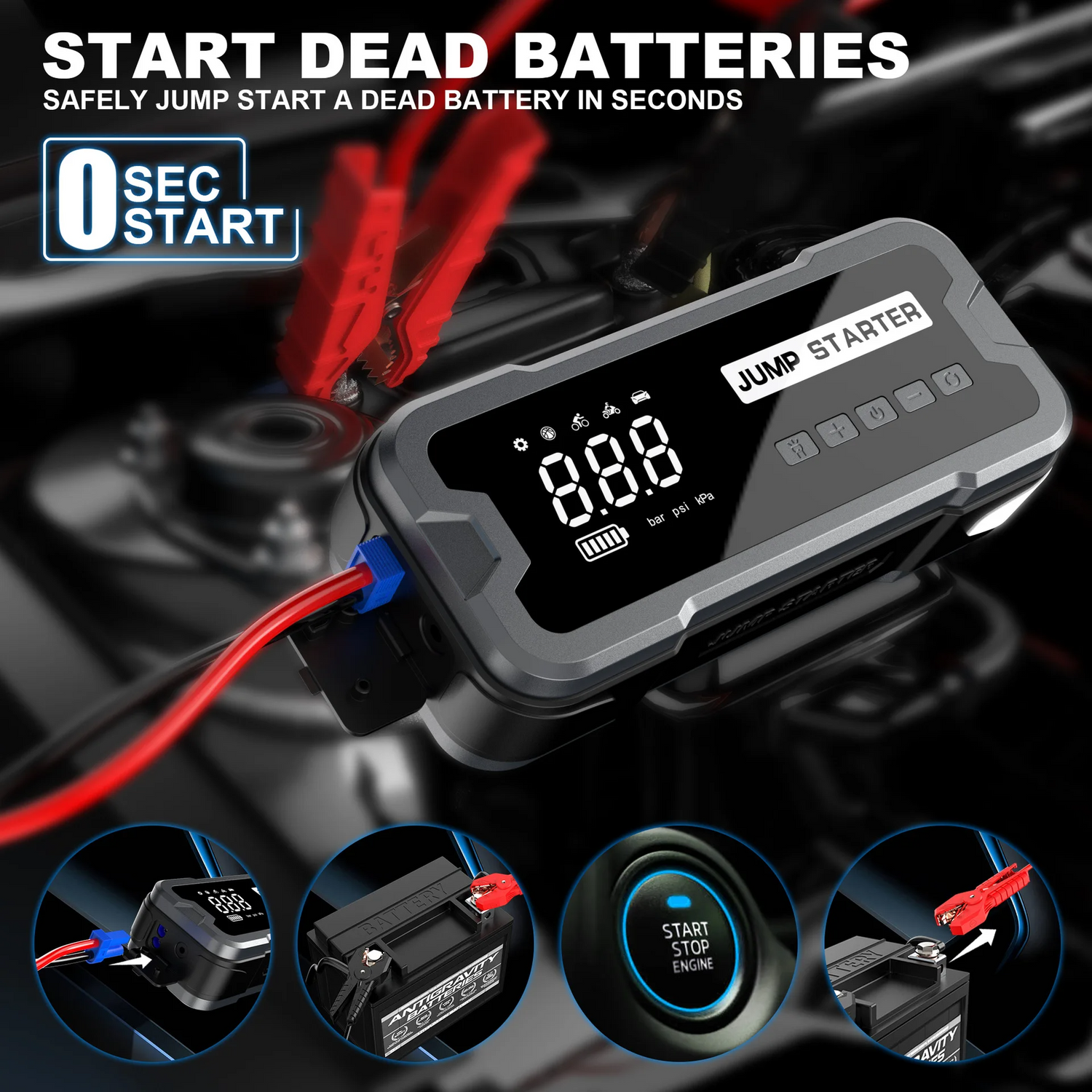Are you tired of the frustration of a dead car or motorcycle battery? Imagine being able to start your vehicle anytime, anywhere without having to rely on help from others or waiting for roadside assistance.The 8000A 4 in 1 Portable Jump Starter breathes new life into your drained battery in seconds.