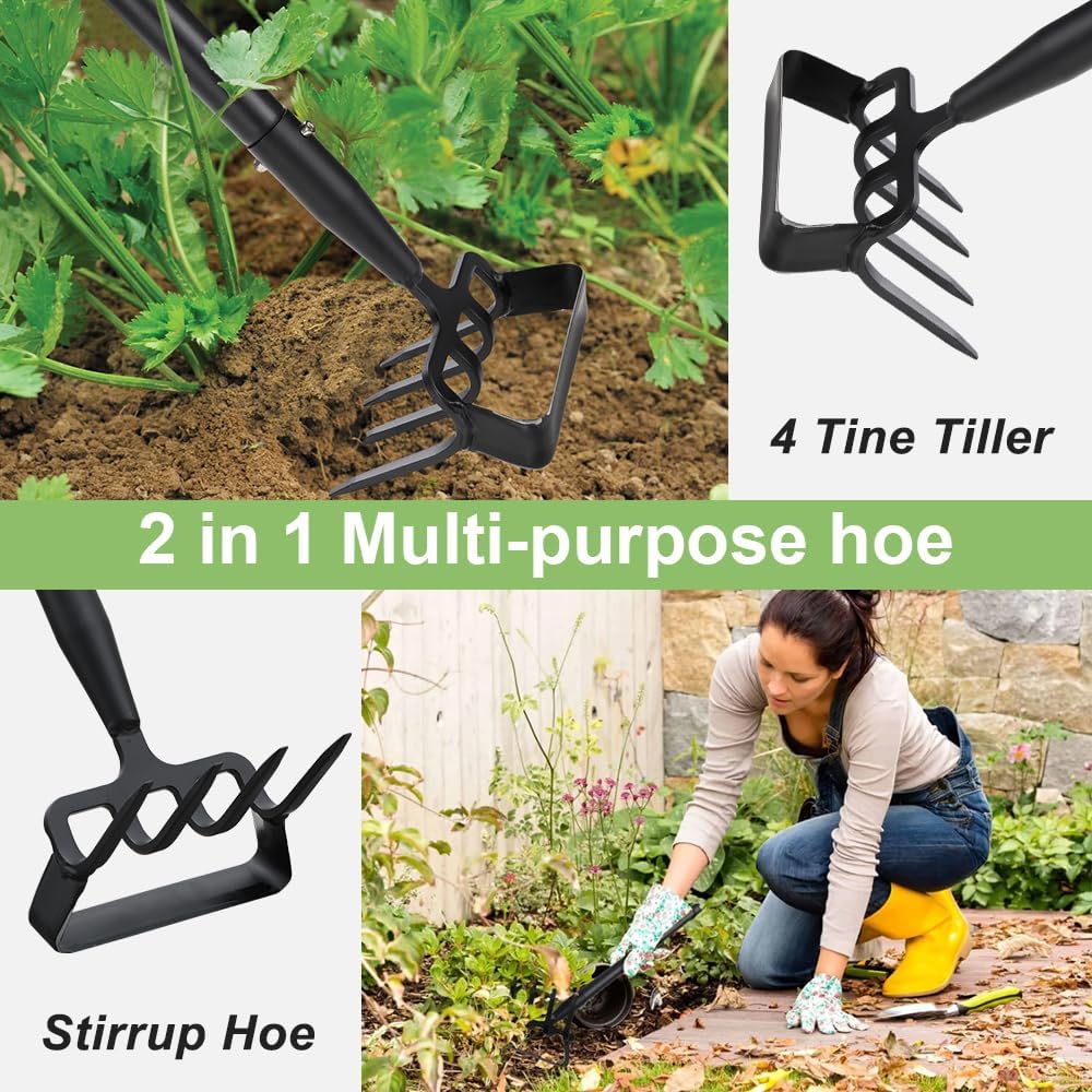 iToolMax hoe gardening tool is designed with a Push-Pull Motion and features a Safe, sharp Blade with powerful cutting power. It can be a Stirrup Hoe for mowing and weeding, or a 4-Tooth Rake for planting, loosening and transplanting. Can meet most gardening needs!