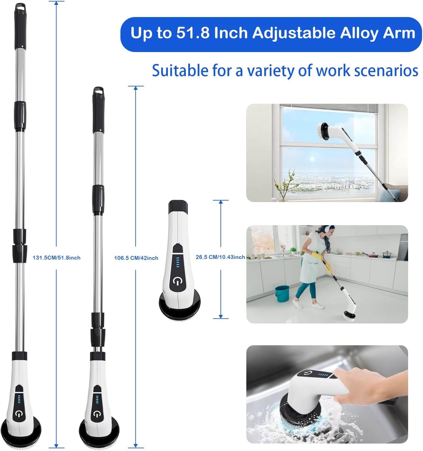 The handle of the long-handled shower cleaning brush has a three-section design and can be adjusted in length from 12 inches to 54 inches.Suitable for showers, bathtubs, tiles, baseboards, kitchens, floors, windows, stoves, corners, sinks, cars, walls, swimming pools, gaps and narrow places, etc.Spin Scrubber is an ideal gift for family, parents and friends!