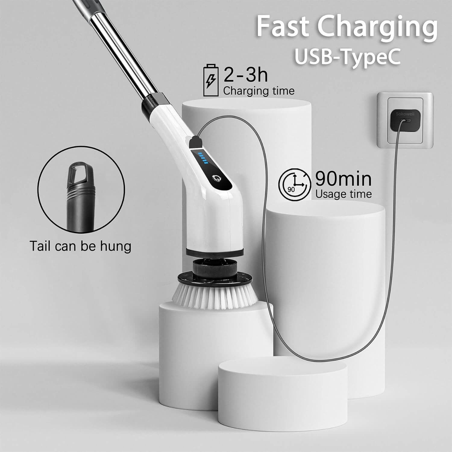 After a quick 2-hour charge using the new Type C charging mode (no traditional plug required), the rotary scrubber can be used for approximately 120 minutes while the scrubber produces less than 70 decibels of noise.NOTE: If you want to extend the life of this cordless electric floor scrubber, do not completely immerse it in water. Just clean the brush and work again.