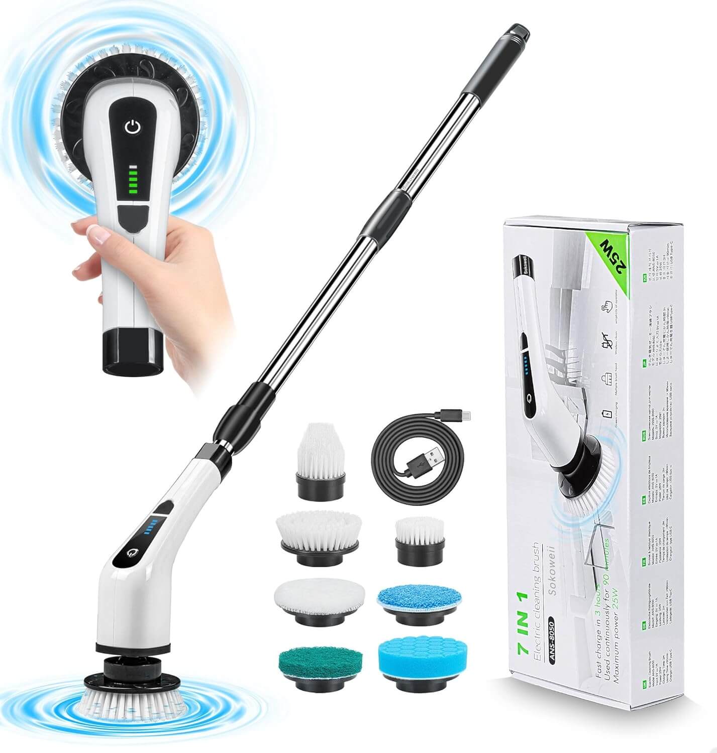 Cordless Electric Spin Scrubber,Cleaning Brush Scrubber for Home,  400RPM/Mins-8 Replaceable Brush Heads-90Mins Work Time,3 Adjustable Size,2