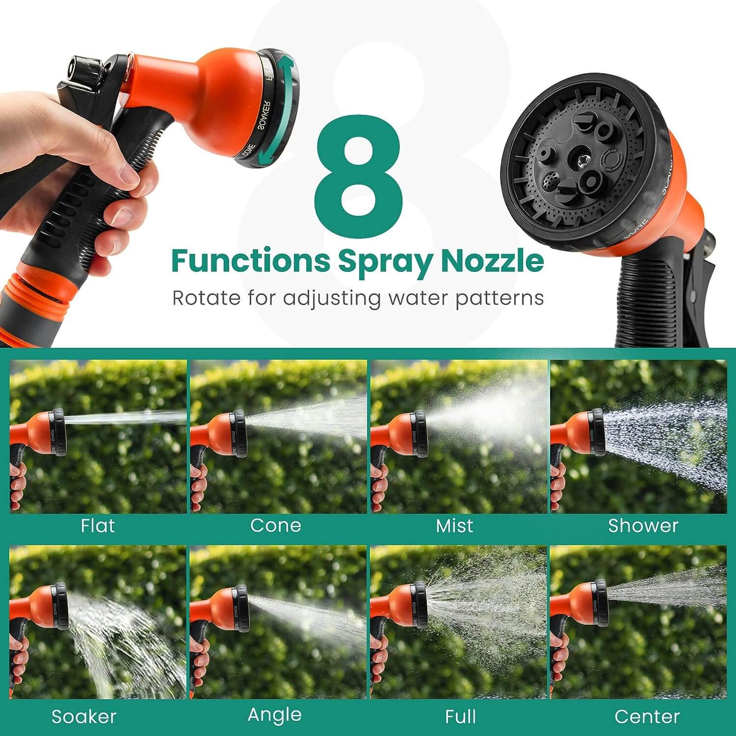 The retractable garden hose reel is equipped with an 8 functions spray nozzle which is rotatable to adjust water patterns, meeting your different needs. In addition, the spray nozzle features self-lock system, so there is no need for you to press the button all the time and reduce fatigue of fingers.