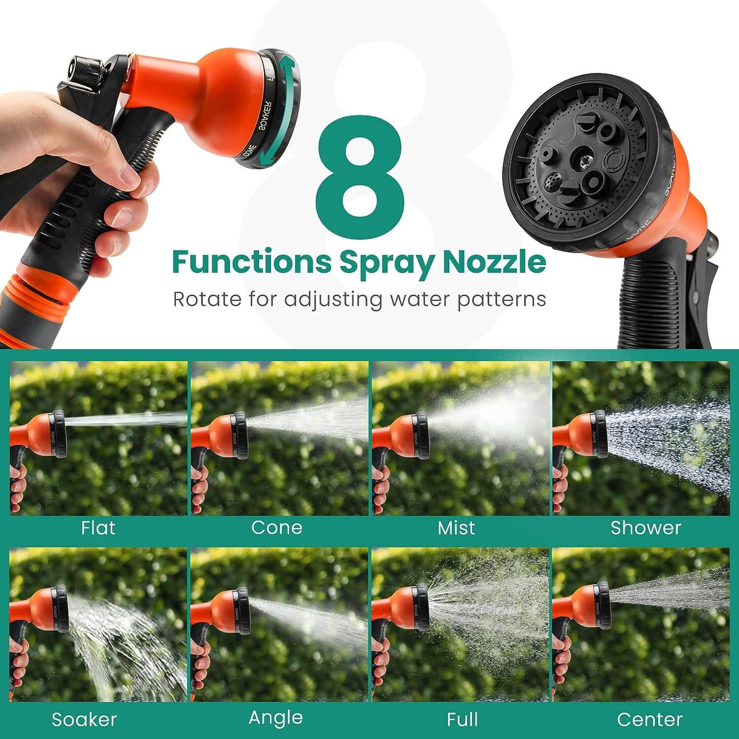 The retractable garden hose reel is equipped with an 8 functions spray nozzle which is rotatable to adjust water patterns, meeting your different needs. In addition, the spray nozzle features self-lock system, so there is no need for you to press the button all the time and reduce fatigue of fingers.