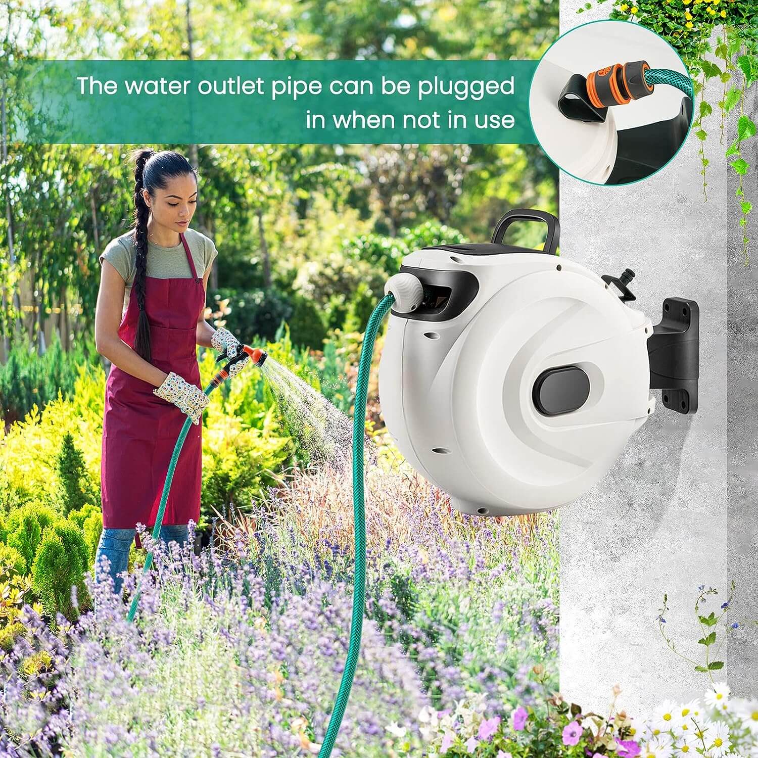 The iToolMax telescoping water hose reel can be locked to any length as needed, and the integrated hose guide automatically winds back and forth to ensure that the hose is pulled neatly and evenly into the hose reel every time, making your life easier!